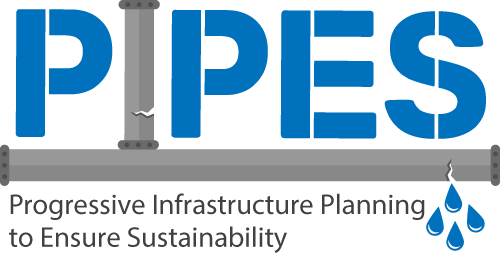 Logo for PIPES, with the letters styled in blue and gray to resemble connected water pipes, including a small crack detail and water droplet icons. Below the logo is the tagline, “Progressive Infrastructure Planning to Ensure Sustainability.”